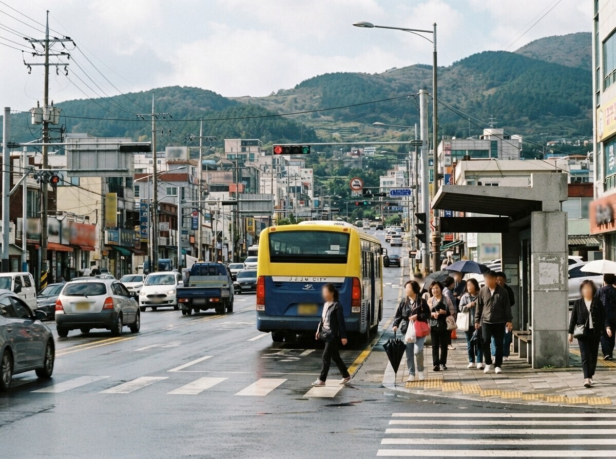 제주 도로 위를 달리는 시내버스 사진